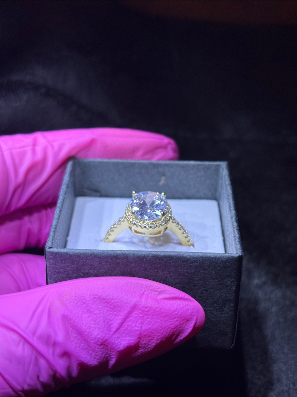 Yellow Gold AAA CZ Oval-Cut Halo Solitaire Ring Size 7 - Picture 12 of 15